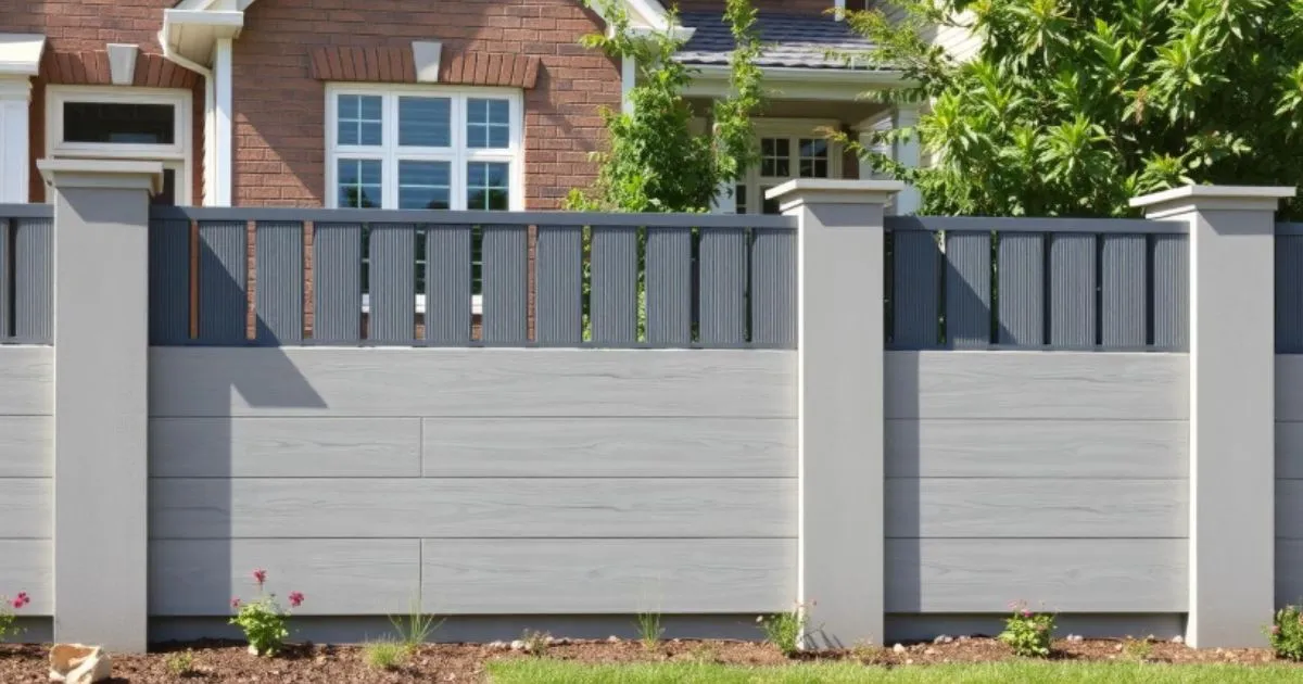 Modern precast concrete fence with decorative finish in a Canadian front yard